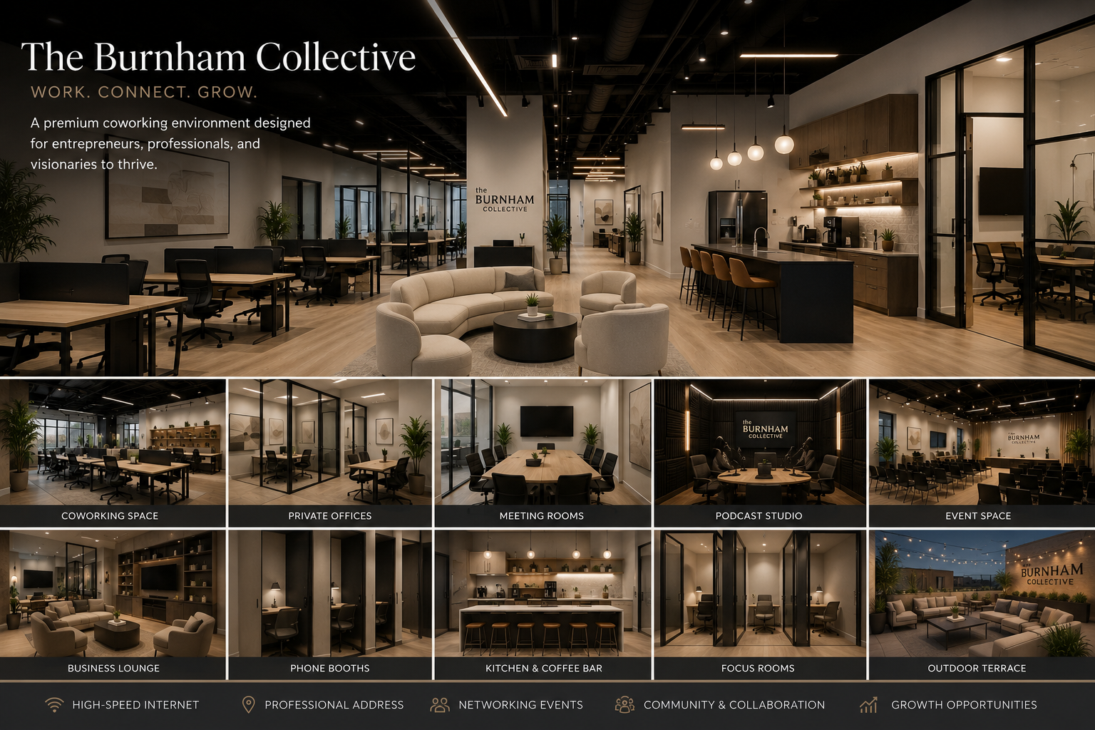 Interior of The Burnham Collective coworking space with various rooms and amenities including open work areas, private offices, meeting rooms, podcast studio, event space, business lounge, phone booths, kitchen and coffee bar, focus rooms, outdoor terrace, and icons indicating high-speed internet, professional address, networking events, community and collaboration, and growth opportunities.