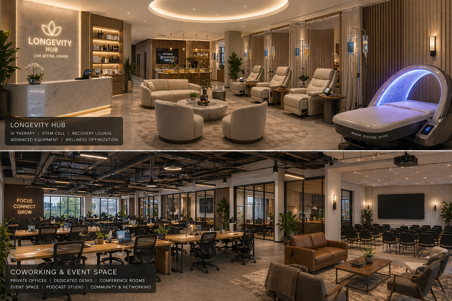 Two interior spaces: a wellness area with massage chairs, IV therapy stations, and a reception desk labeled 'Longevity Hub'; and a coworking space with desks, chairs, and a conference room for meetings and events.