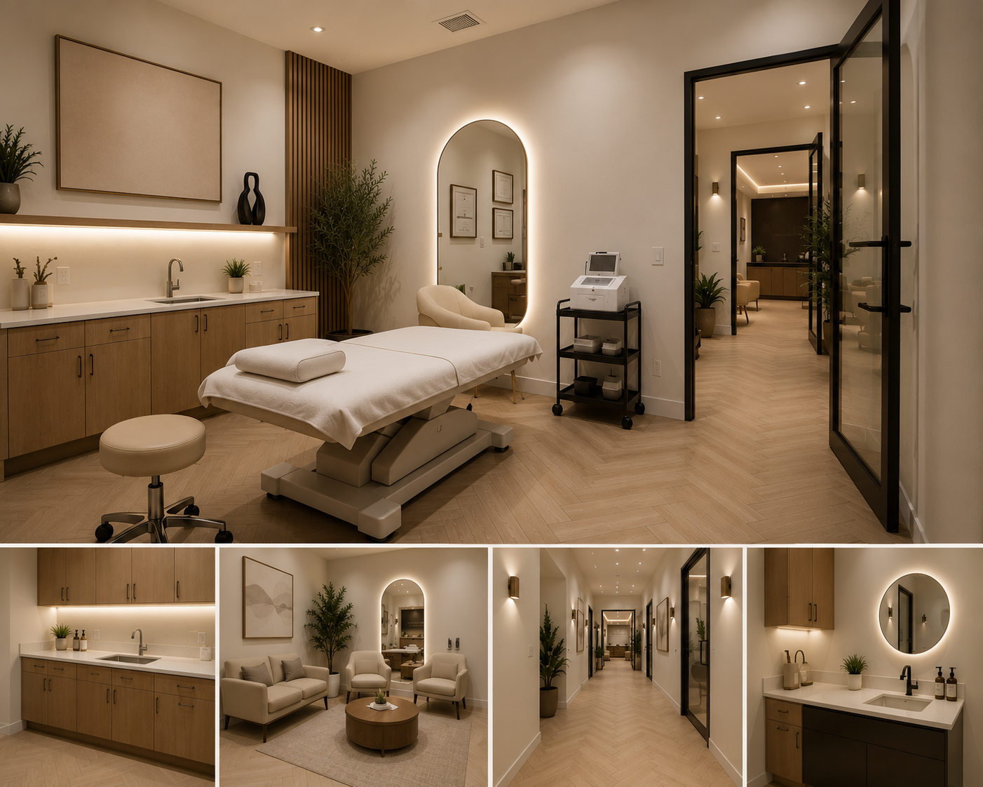 Interior of a modern wellness or spa clinic with treatment room, waiting area, and hallway, featuring neutral tones, wooden accents, and minimalistic decor.