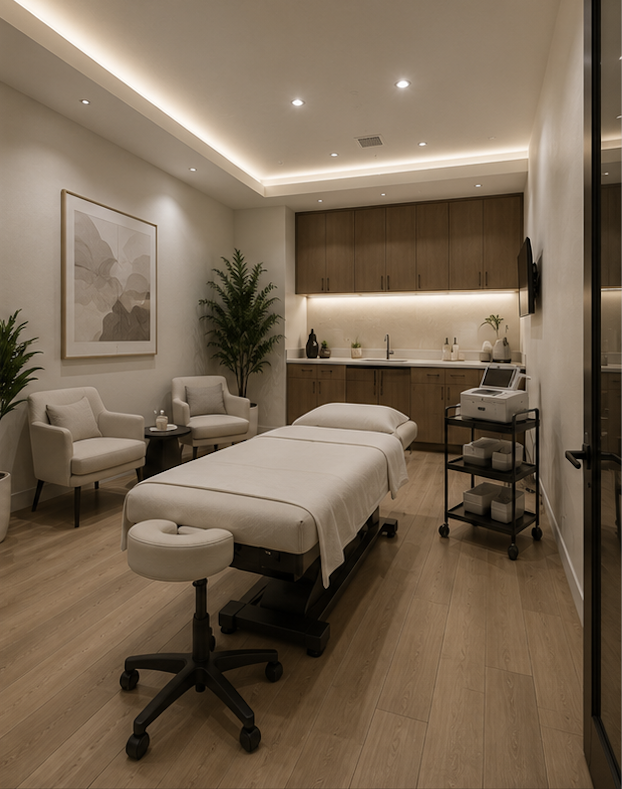 A modern, softly lit massage therapy room with a massage table, two armchairs, a small side table, a large potted plant, wooden cabinets, and medical equipment on a rolling cart.