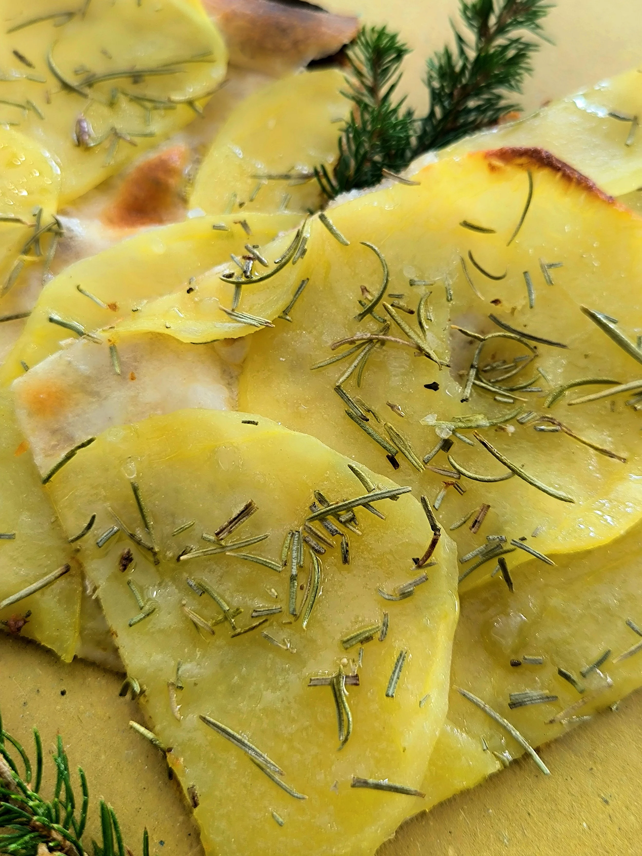 Fette di patate con rosmarino e aglio, condite con olio d'oliva.