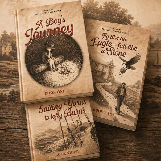 Three vintage-style book covers with titles 'A Boy's Journey,' 'Fly like an Eagle - fall like a Stone,' and 'Sailing Yarns to Lofity Barns,' set on a wooden surface outdoors with a sepia tone.