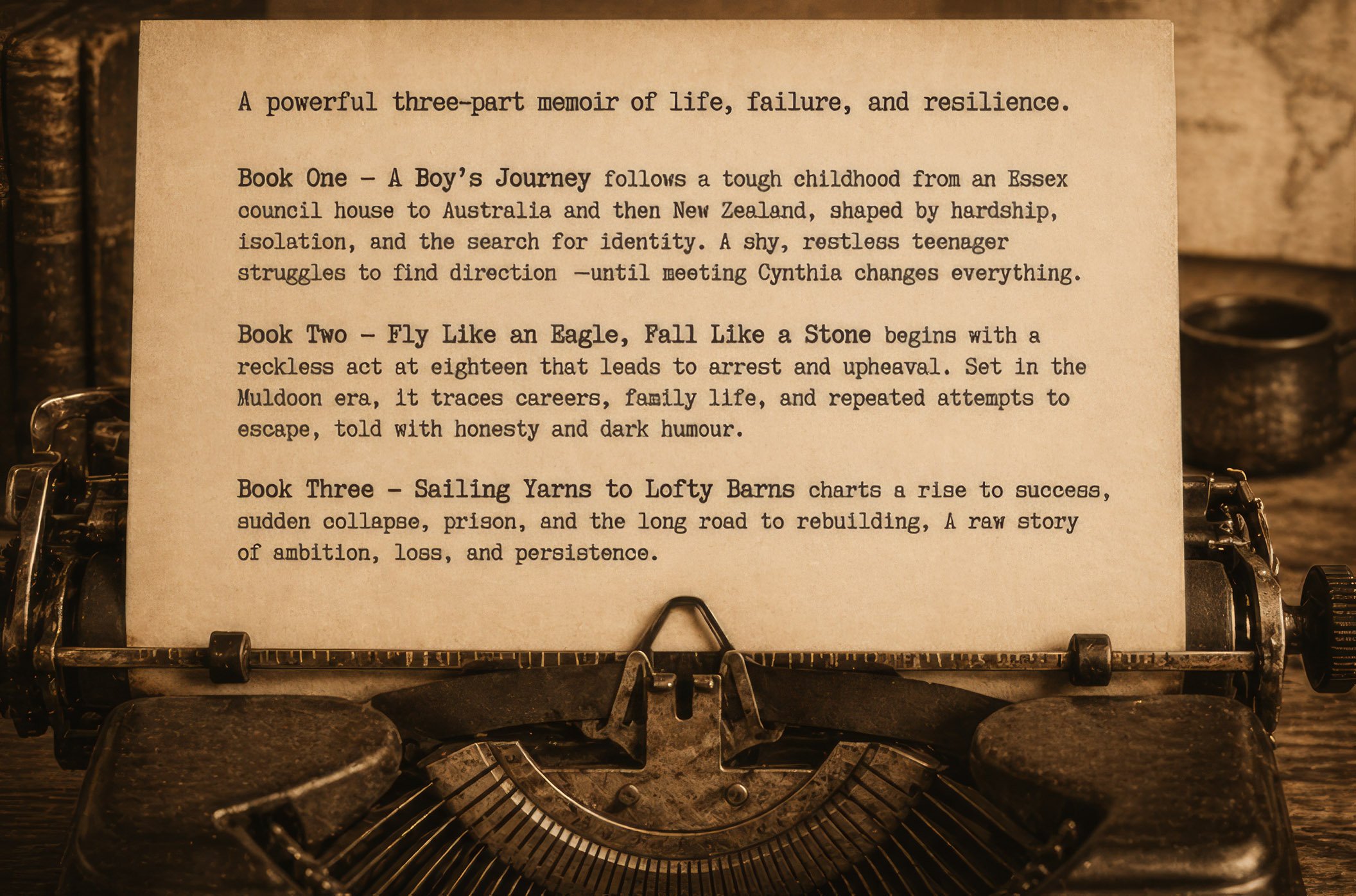 Close-up of a piece of paper with typed book descriptions, held in a vintage typewriter with visible keys and rollers, against a blurred background.