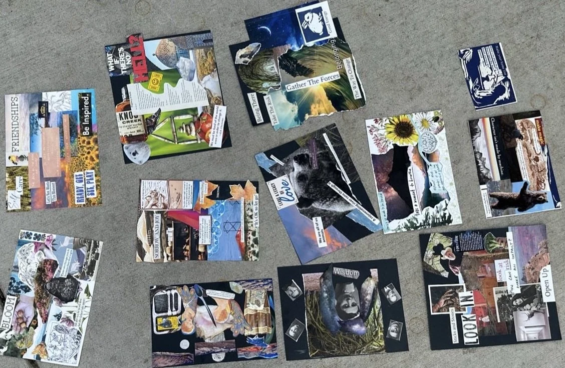Image of a cluster of collaged art pieces on a table. A purple overlay covers the image and white text reads "OUR STORY". This image serves as the section header.