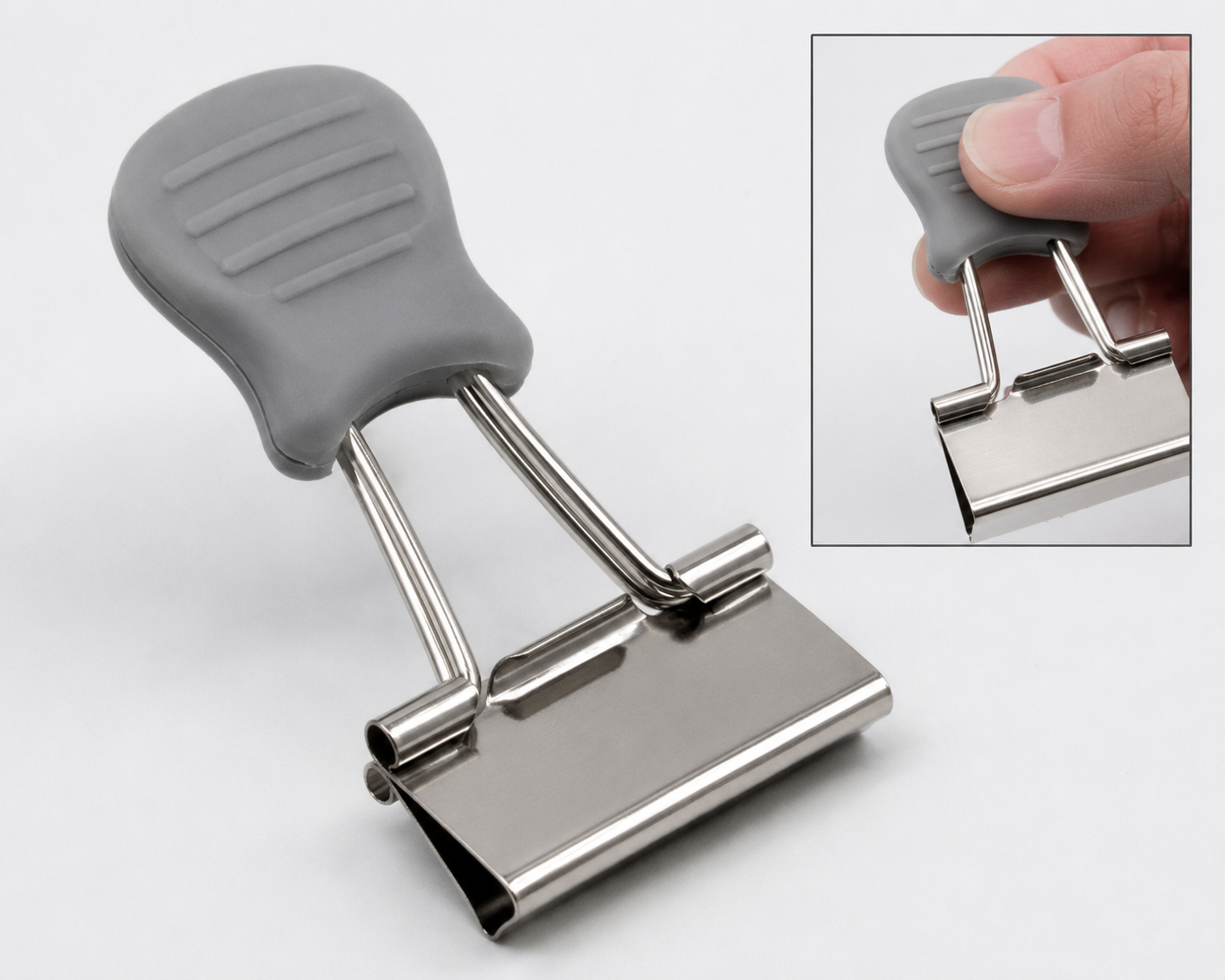 A metal hand glove holder with a gray silicone grip and metal prongs, shown in a main image and a person holding it in an inset photo.