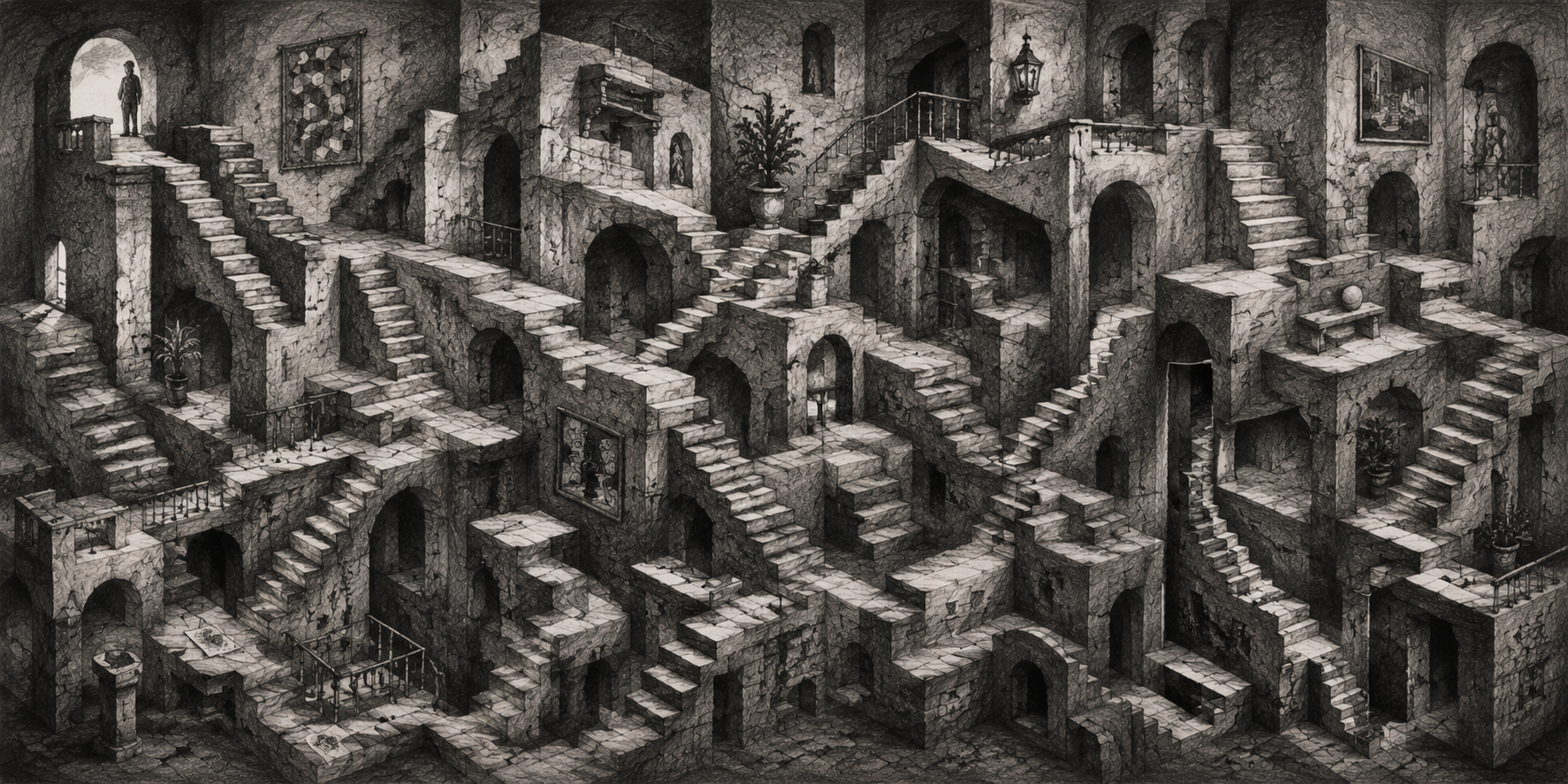 A maze of interconnected stone staircases, arches, and platforms with potted plants, paintings, and lanterns, creating a surreal, labyrinthine interior scene in black and white.
