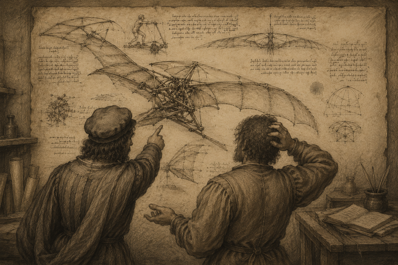 Drawing of a dragonfly-like flying machine and other sketches with handwritten notes, with two men discussing and pointing at the designs in a workshop setting.