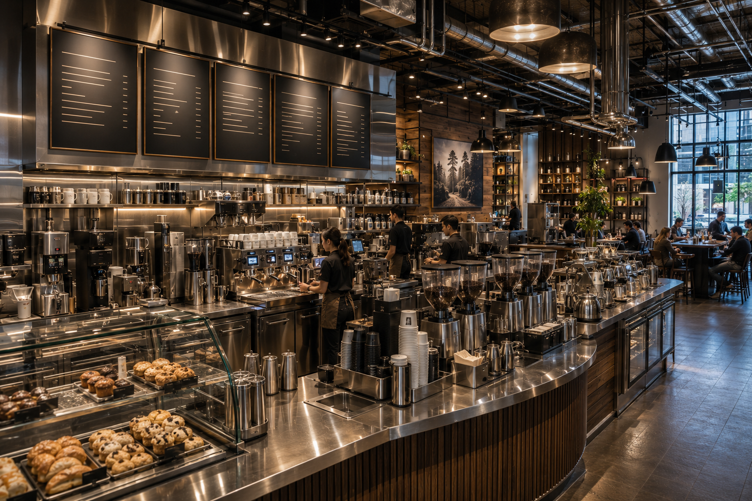 Inside a modern coffee shop with baristas preparing drinks behind a stainless steel counter filled with coffee machines, grinders, and baked goods. Customers are seated at tables near large windows in the background.