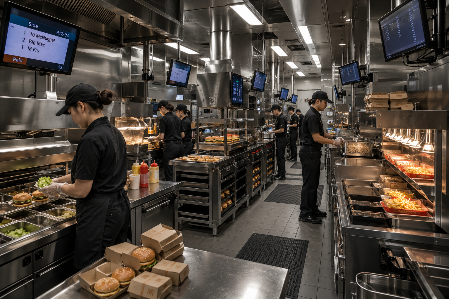 Employees preparing food in a commercial kitchen, making burgers, with trays of fries and buns on carts, stainless steel counters and digital menu screens overhead.