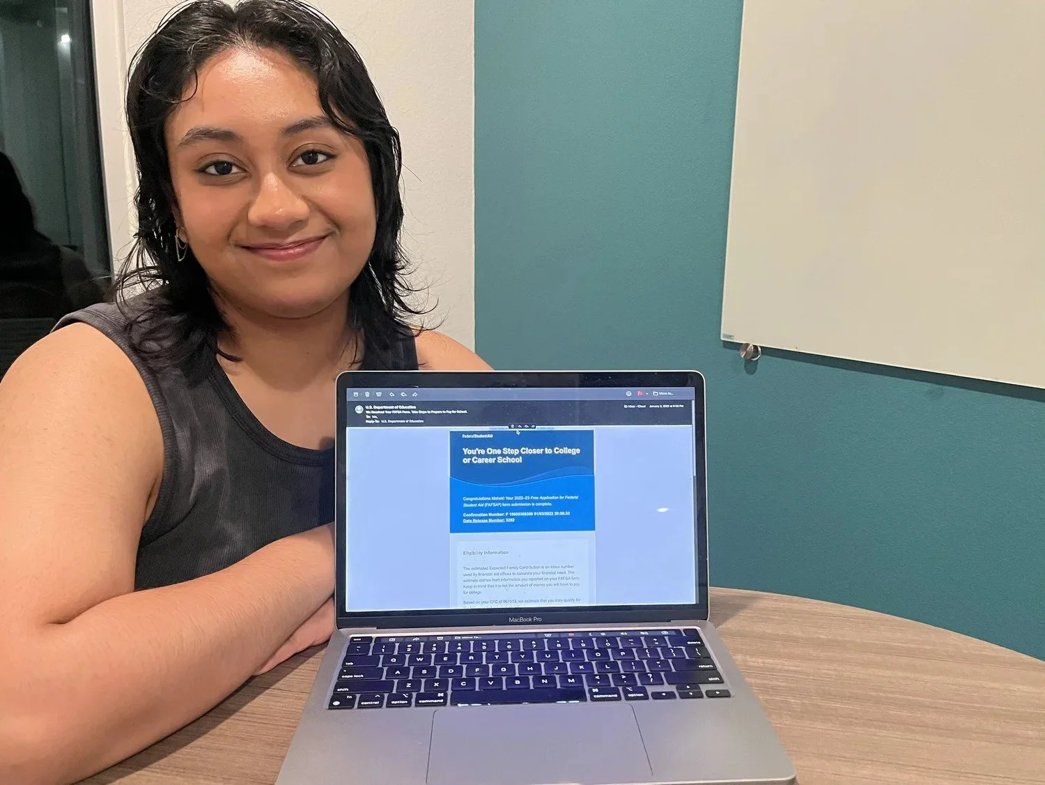  Rawat shows an email she received in Nov. 2022 from the Department of Education verifying they received her previous FAFSA application. Rawat is currently applying for medical school but is not planning on filing for federal financial aid. She belie