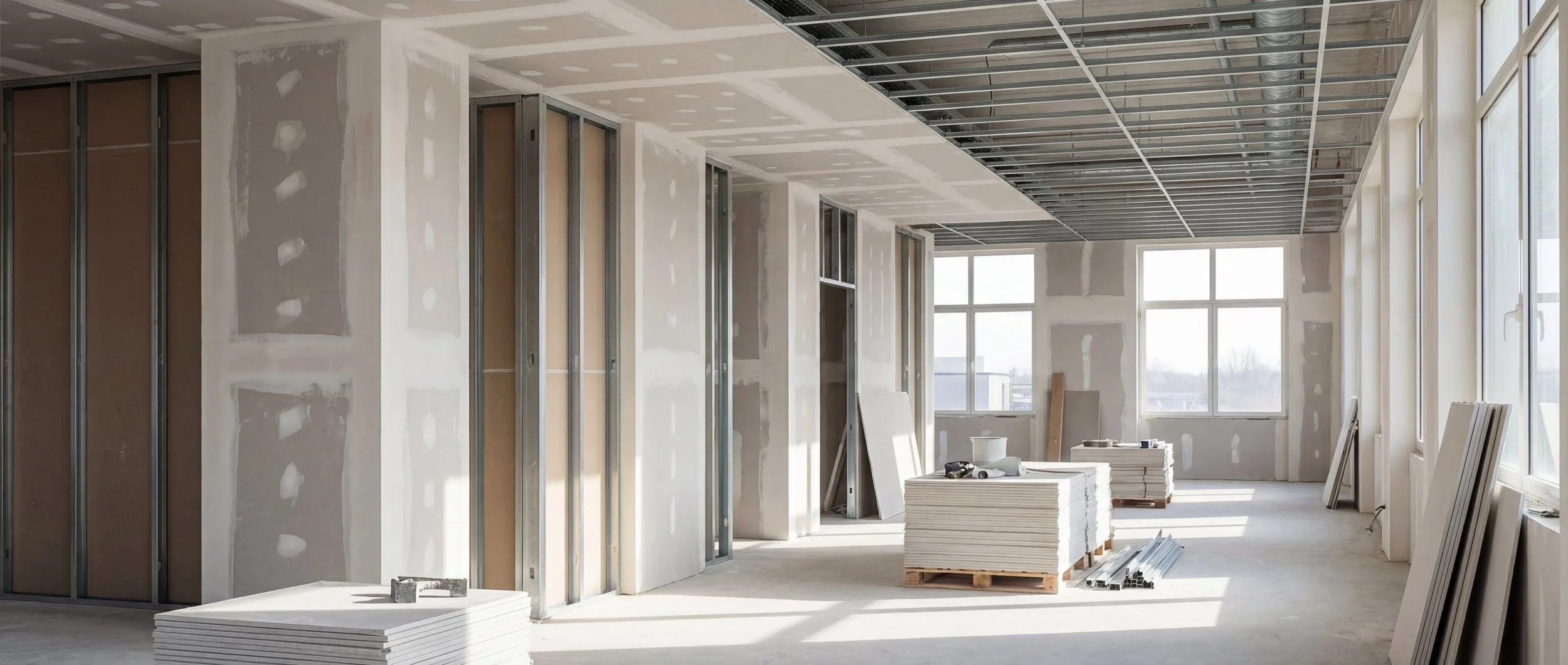 Interior of a building under construction with drywall, metal framing, large windows, and construction materials on the floor.