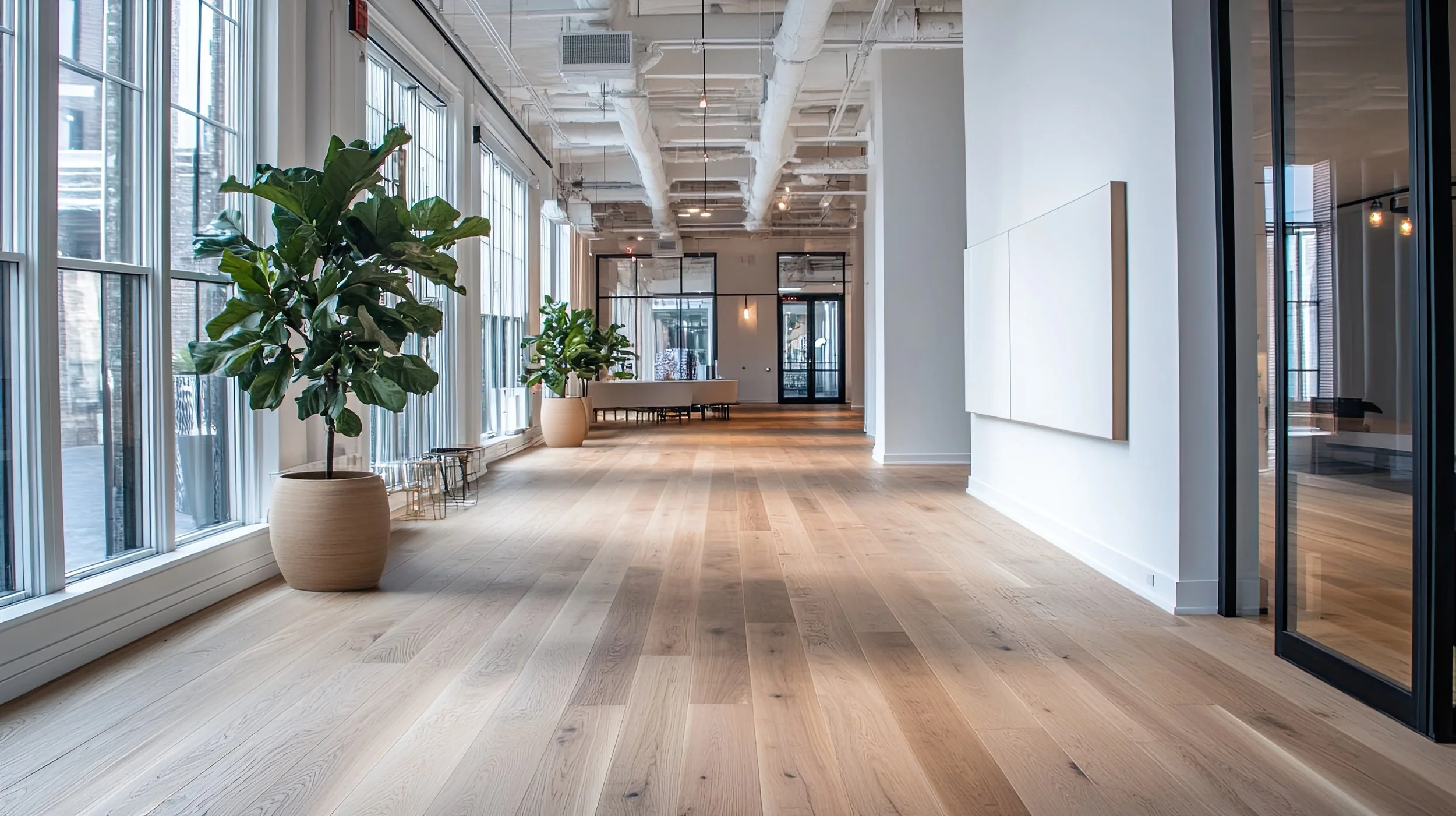 A modern, spacious office hallway with large windows, light wooden flooring, potted plants, and clean white walls. There are glass partitions and minimal furniture visible in the background.