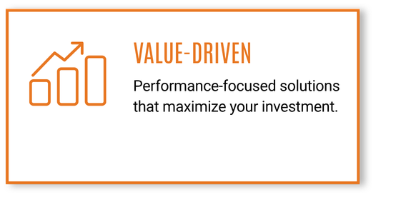 Graphic with an orange bar chart icon showing an upward trend, titled 'Value-Driven', with a subtitle 'Performance-focused solutions that maximize your investment'.