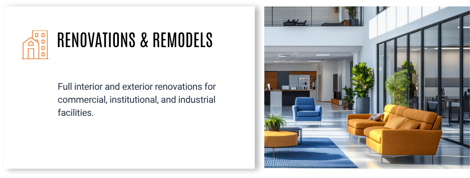 A presentation slide for 'Renovations & Remodels' with a modern office lobby showing colorful furniture and large glass windows.