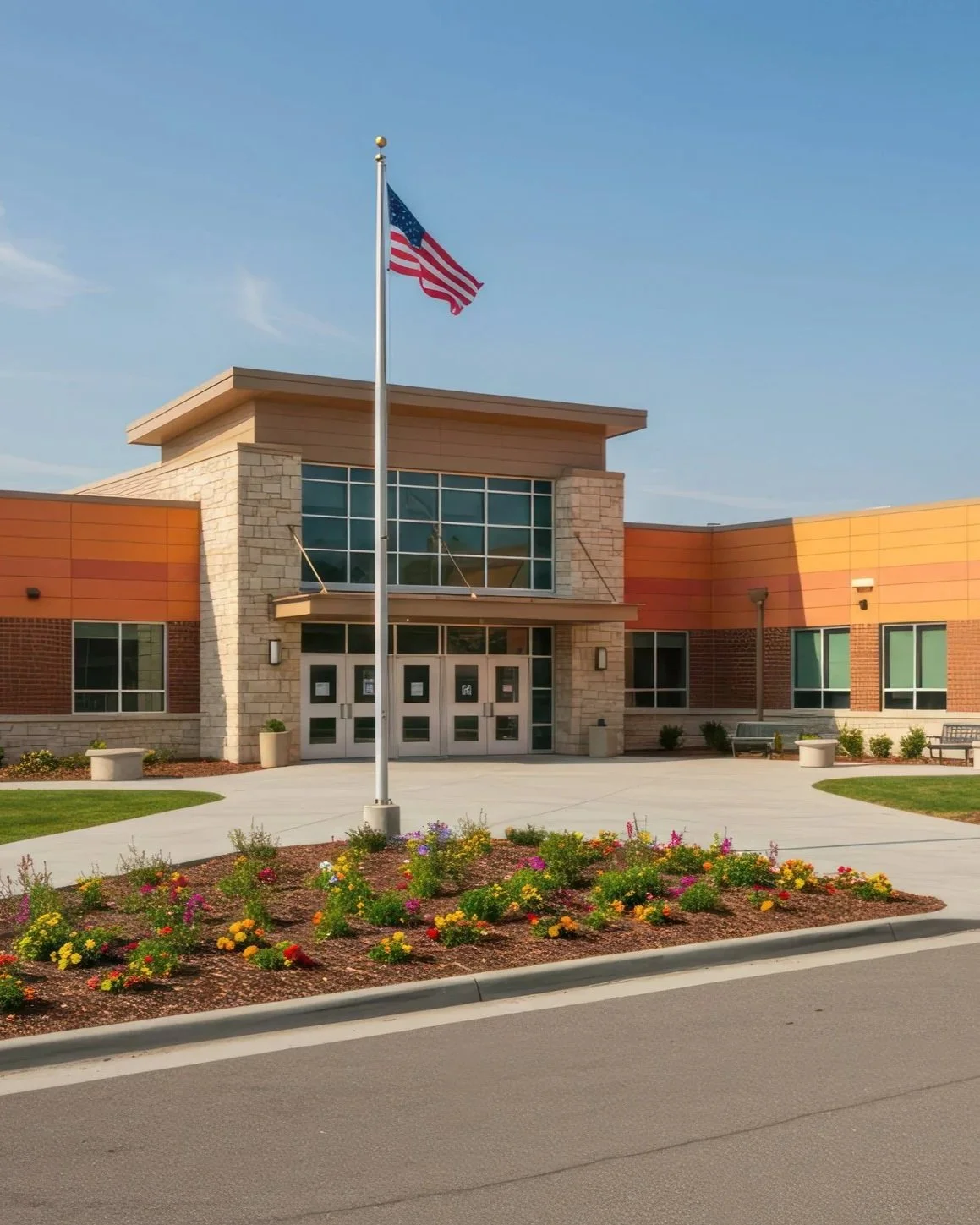 A school building with a flagpole displaying the American flag outside on a sunny day, with a flower bed and benches in front.