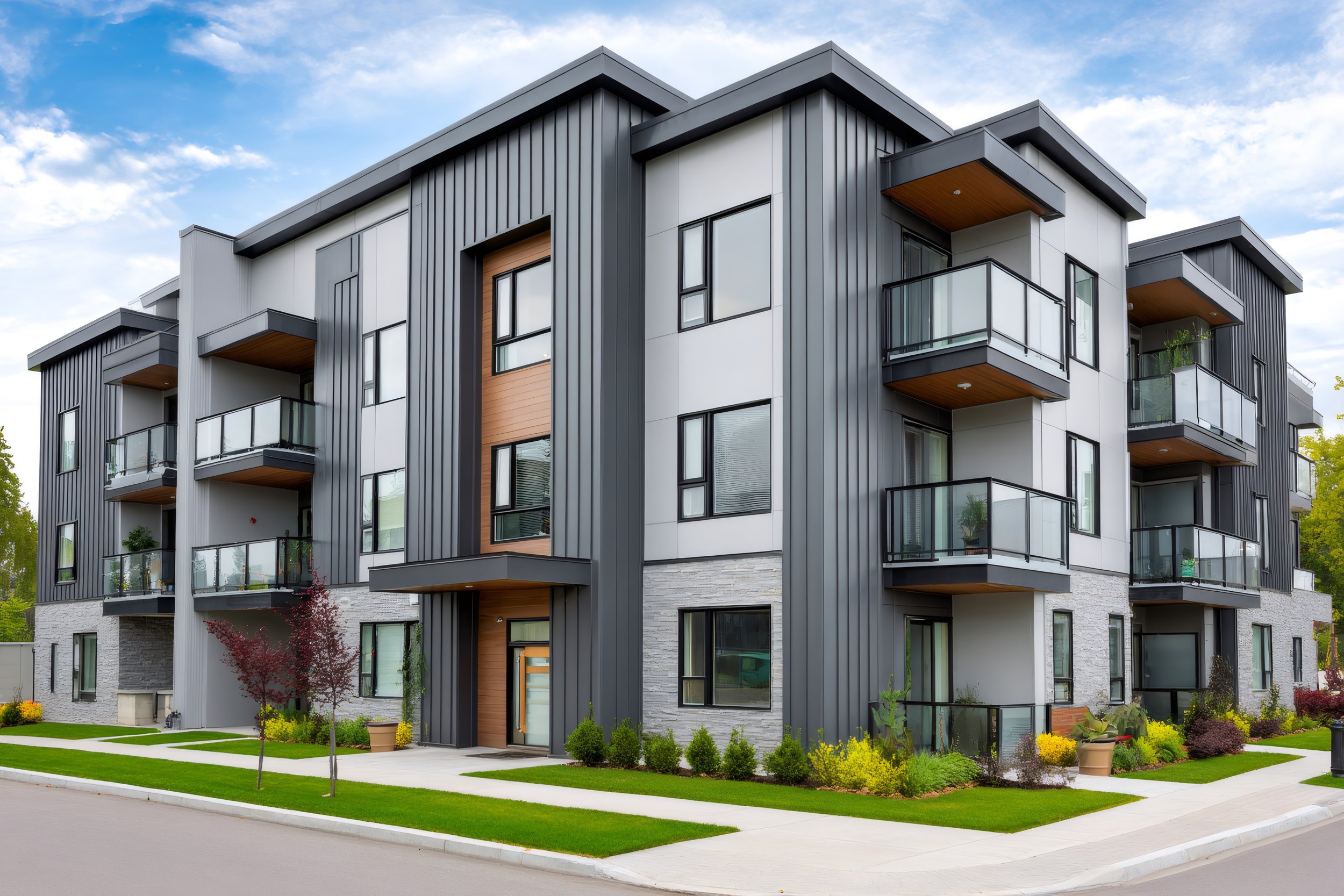 Modern multi-story apartment building with balconies, large windows, and a landscaped front yard with small trees and bushes.