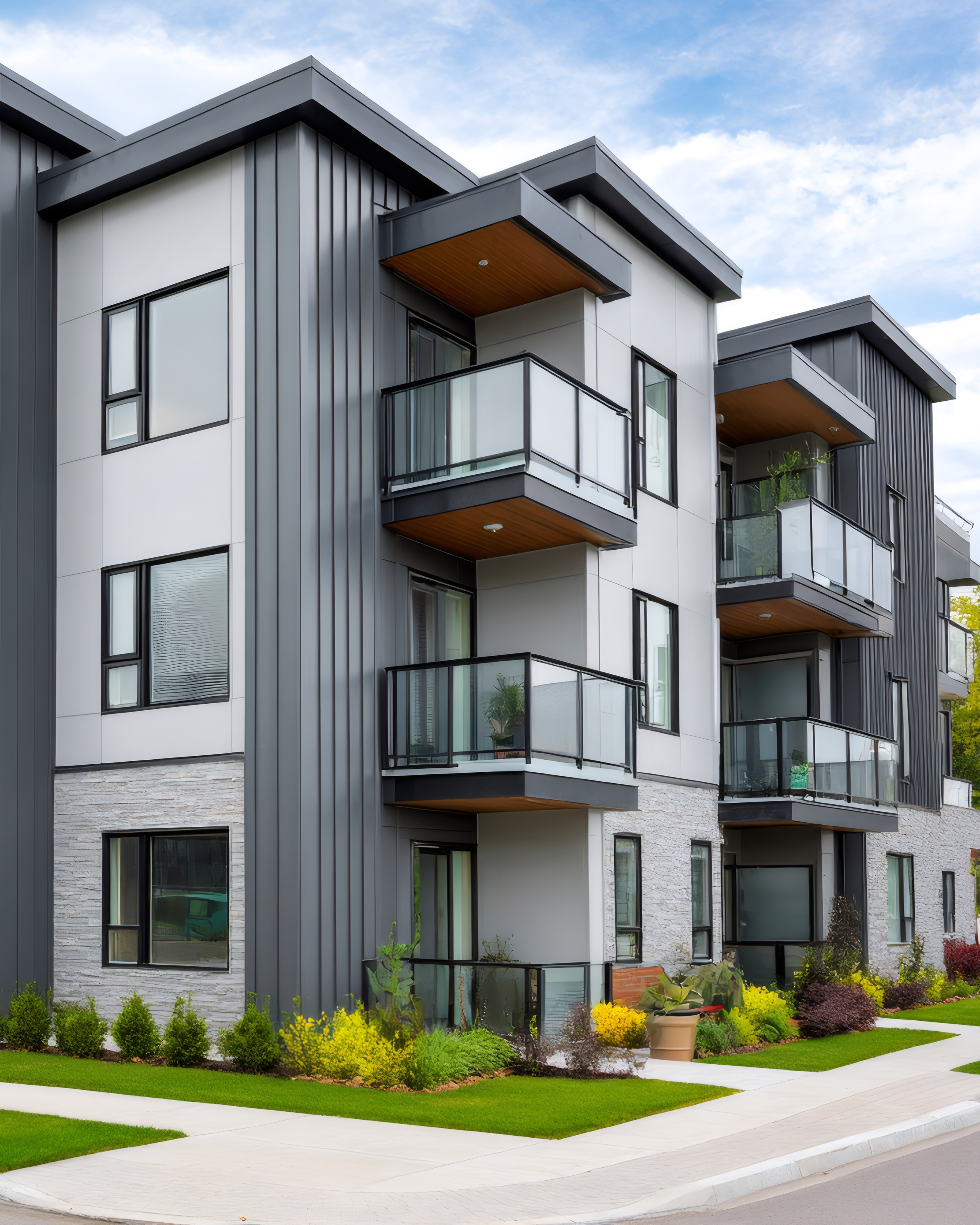 Modern multi-story apartment building with balconies, large windows, and landscaped front yard with shrubs, flowers, and a concrete sidewalk.