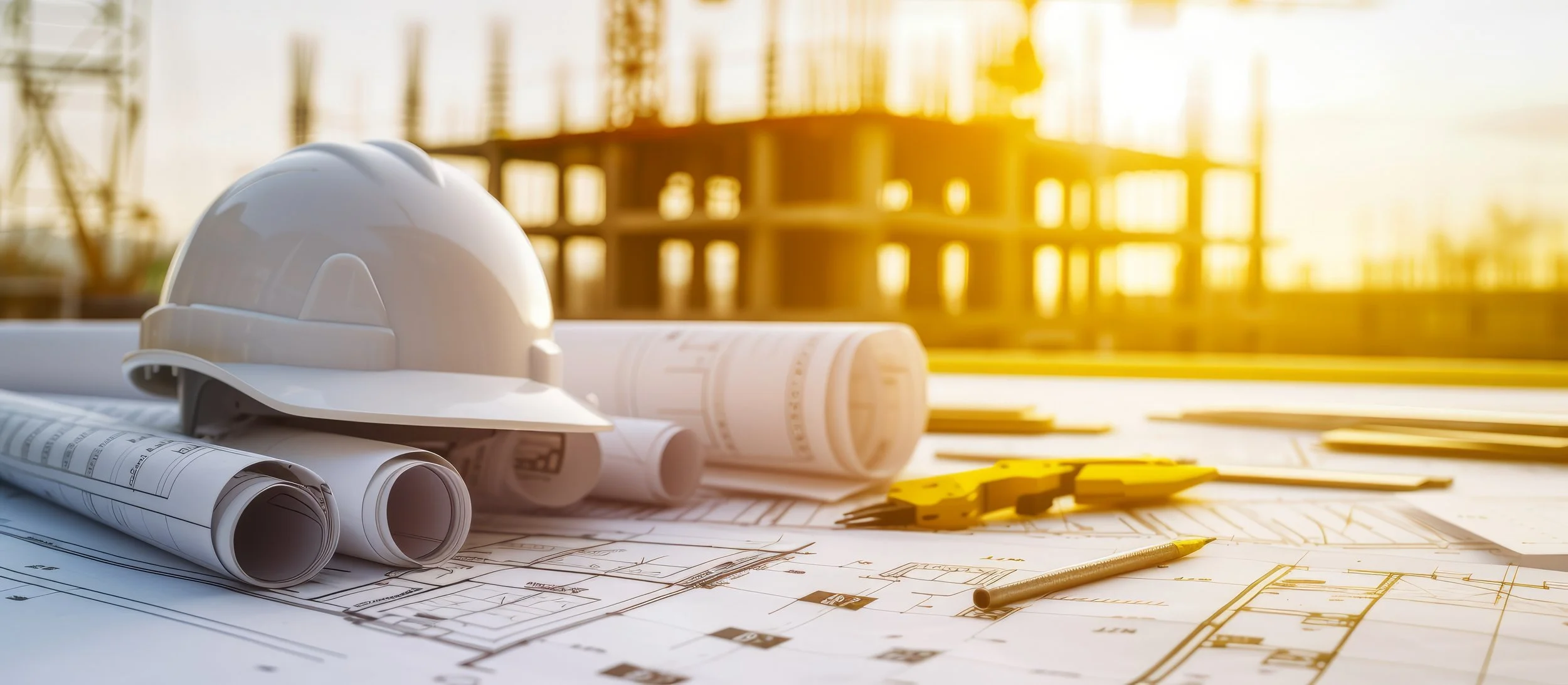 Construction plans, rolled blueprints, a white safety helmet, and yellow measuring tools on a table at a construction site during sunset.