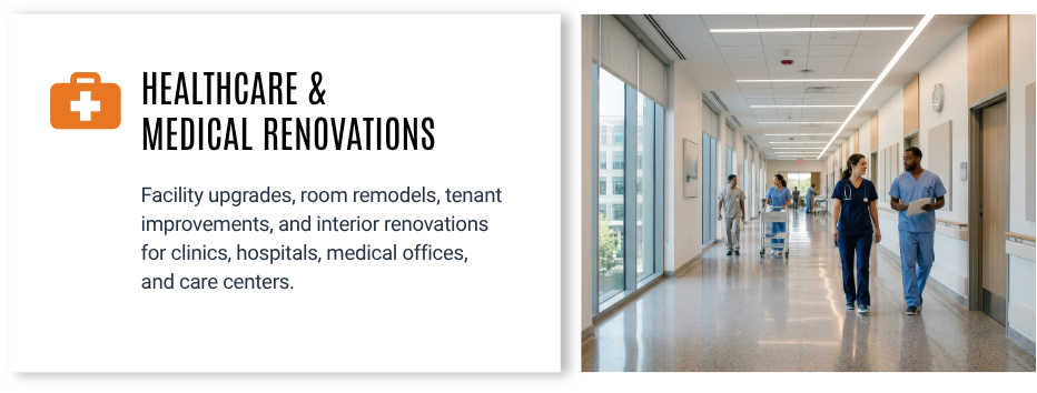 Sign advertising healthcare and medical renovations, with healthcare professionals walking in a hospital corridor.
