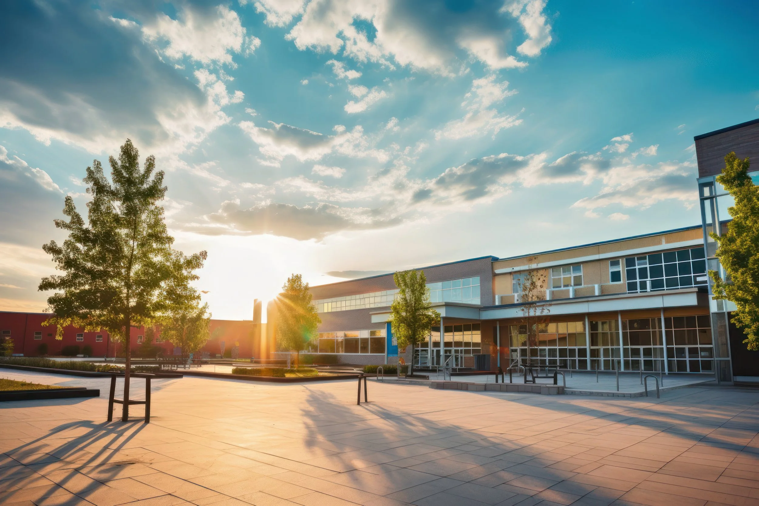 Sunset over a modern school building with large windows, trees, and a paved courtyard.