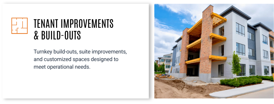 Presentation slide with text 'Tenant Improvements & Build-Outs' and a photo of a multi-story apartment building under construction.