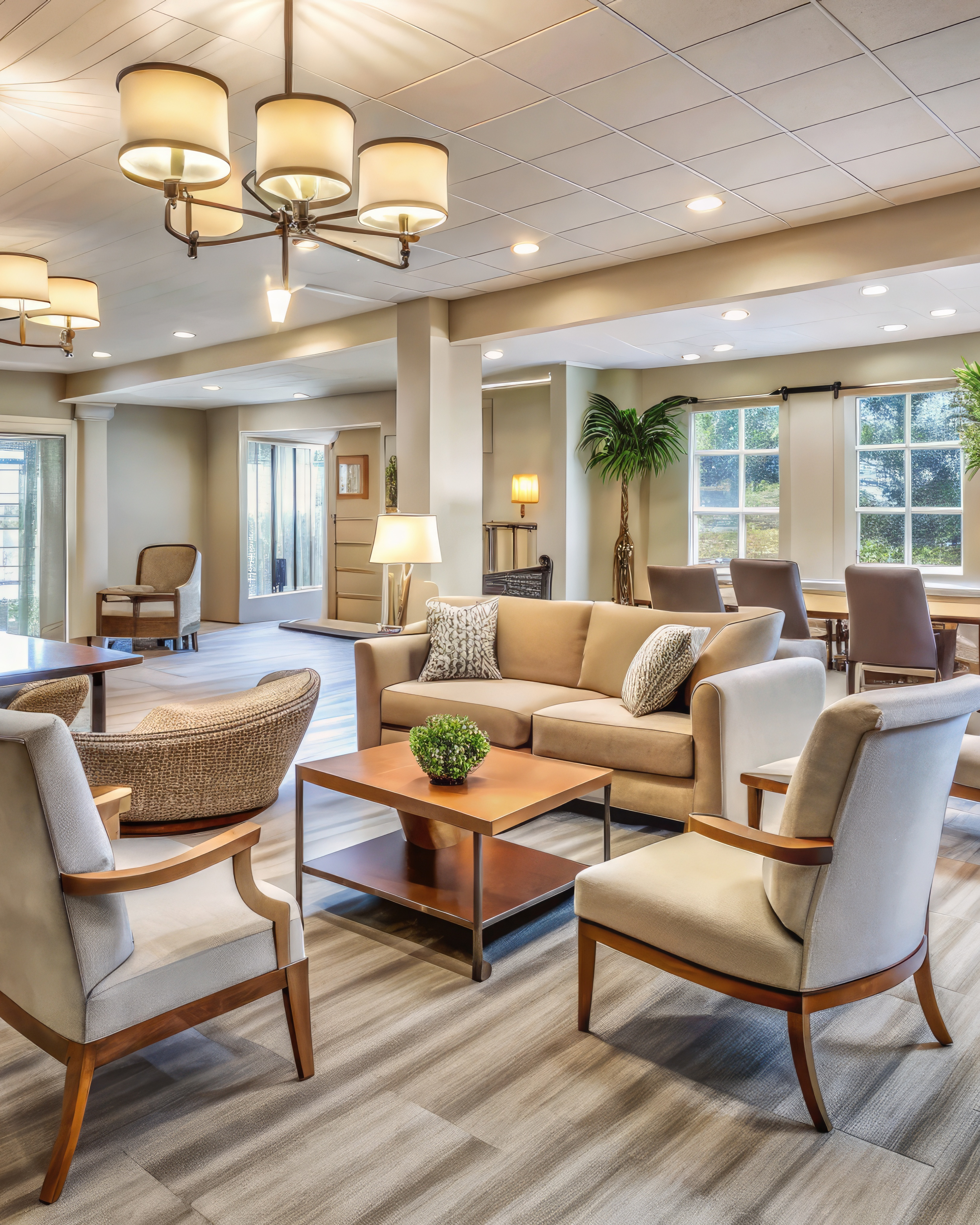 A spacious, well-lit living room with beige and brown furniture, several large windows, light wood flooring, and a ceiling with recessed lighting and a modern chandelier.