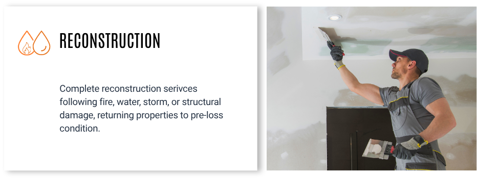 Reconstruction services advertisement with icons of flames and water, and an image of a man applying drywall compound to a ceiling.