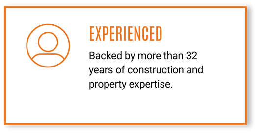 A graphic with an icon of a person, the word "EXPERIENCED" in orange, and text stating "Backed by more than 32 years of construction and property expertise."