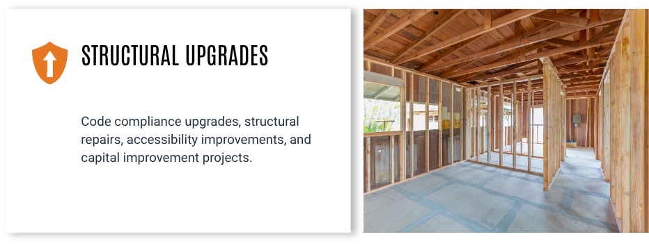 Slide presentation on structural upgrades with a photo of a house interior under construction, showing exposed wooden framing and partially finished walls.