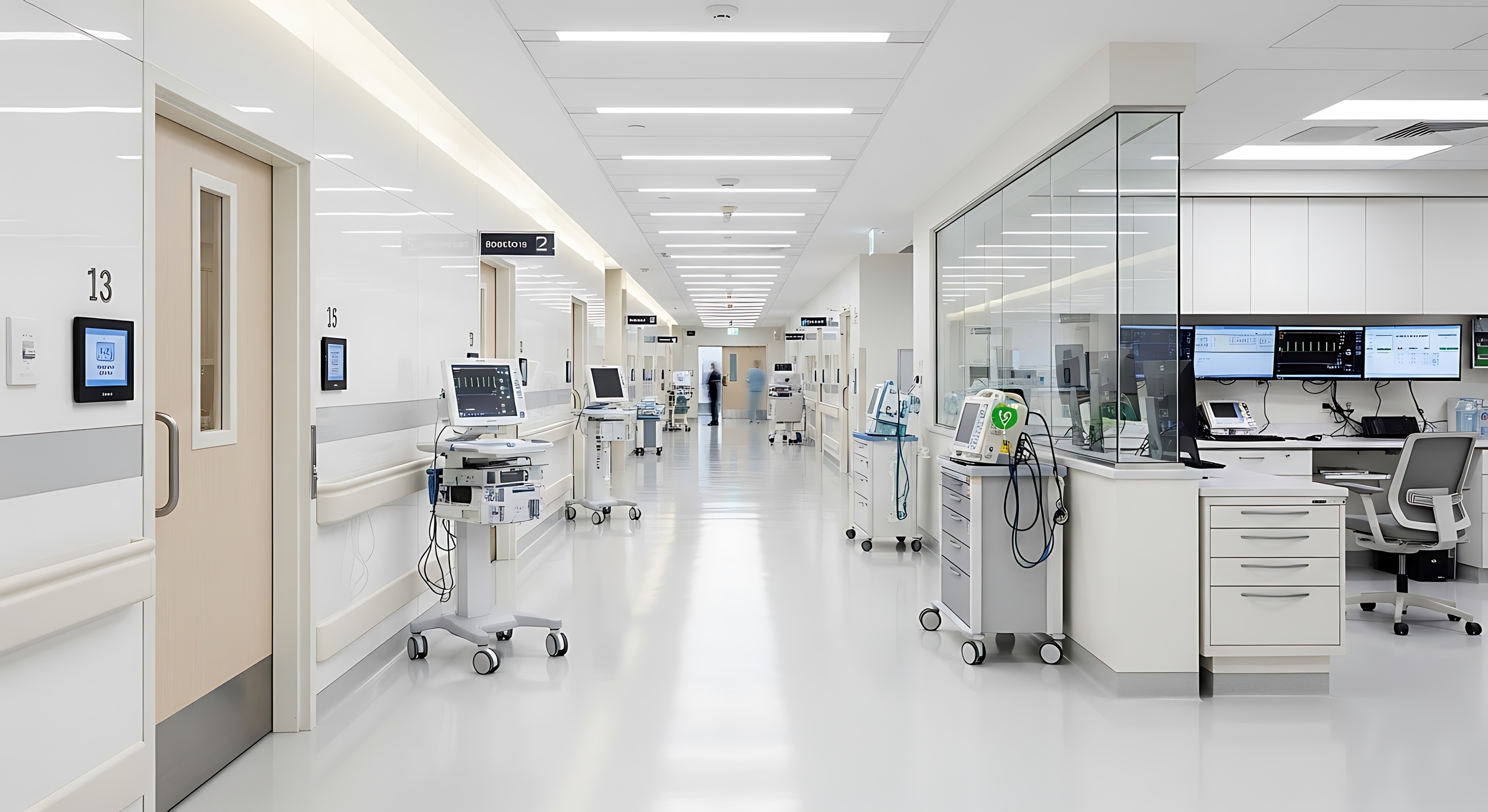 A hospital corridor with medical equipment and monitors, white walls, and a clean, bright environment. Two people are visible in the distance.