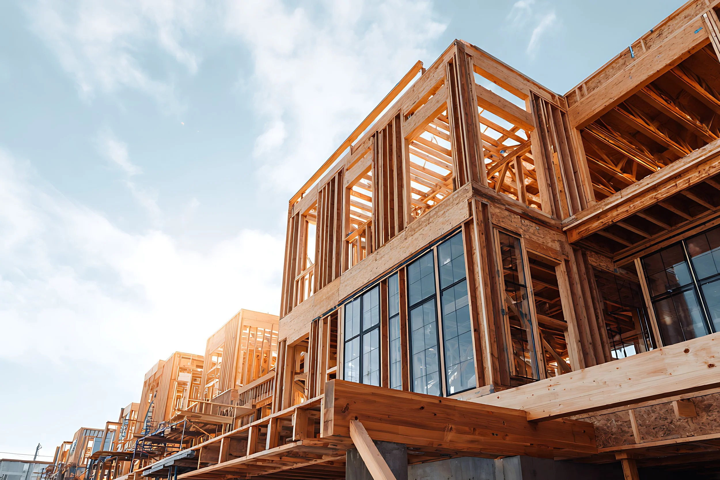 Construction site with a multi-story wooden building framework with large windows, set against a blue sky with some clouds.