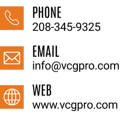 Icons for phone, email, and web in orange squares with black backgrounds