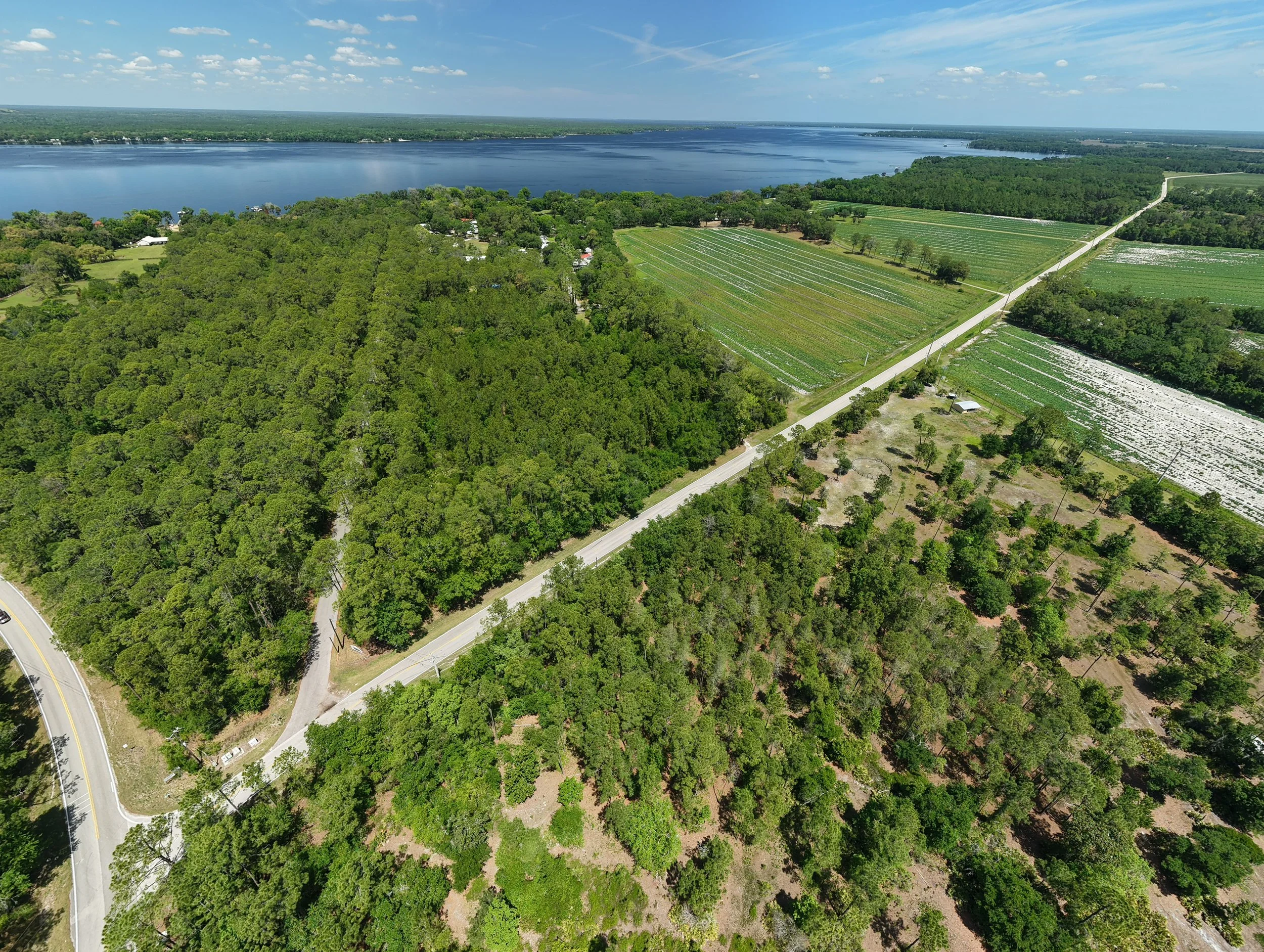 Aerial view of a river flowing through lush green forests and farmland with a road running parallel.