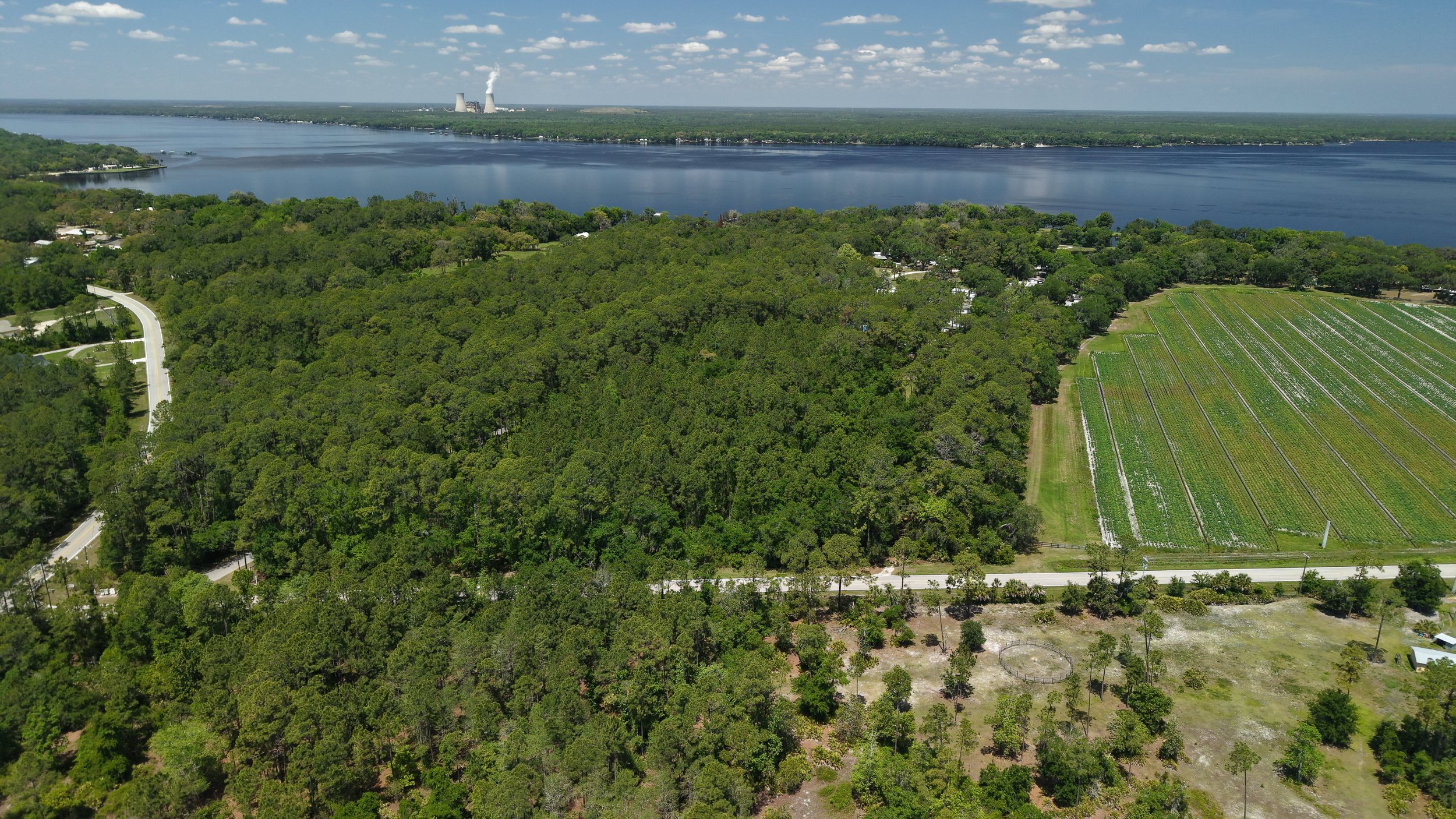 Aerial view of a large river with lush green forests on both sides, farmland with organized rows of crops, and industrial cooling towers emitting steam in the background under a partly cloudy sky.