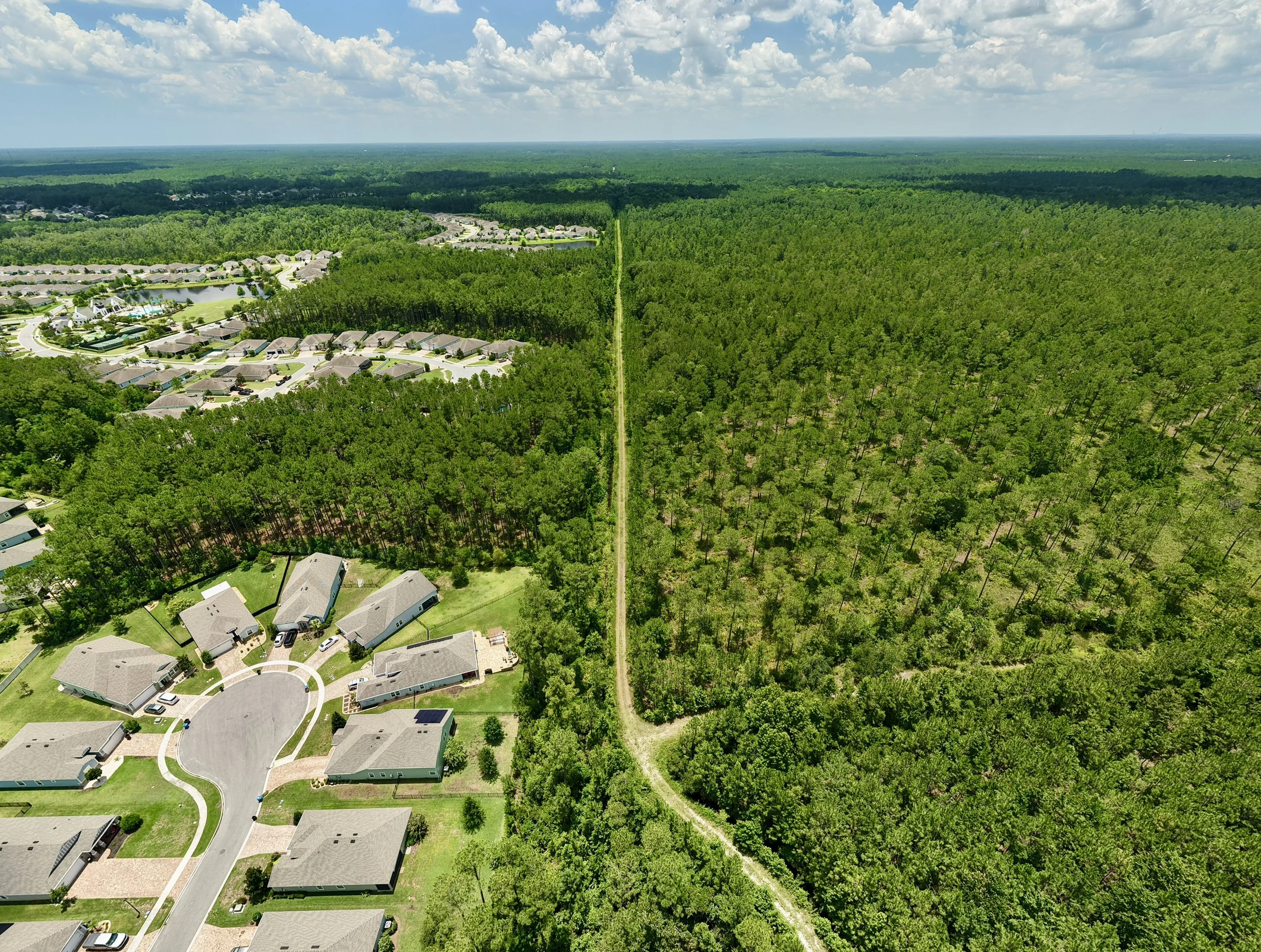 An aerial view of a suburban neighborhood and a large forest with a dirt path running through the center on a partly cloudy day.