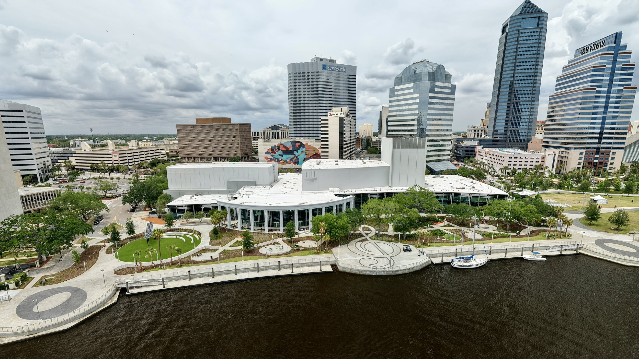 A city skyline with tall modern office buildings, a waterfront promenade, a park with green spaces and walking paths, and boats docked along the river under cloudy skies.