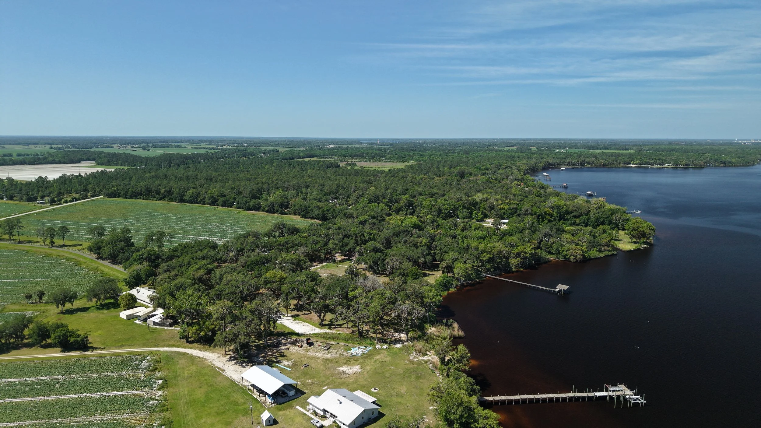 Aerial view of a lush green landscape with a winding river, trees, farmland, and distant horizon under a partly cloudy sky.