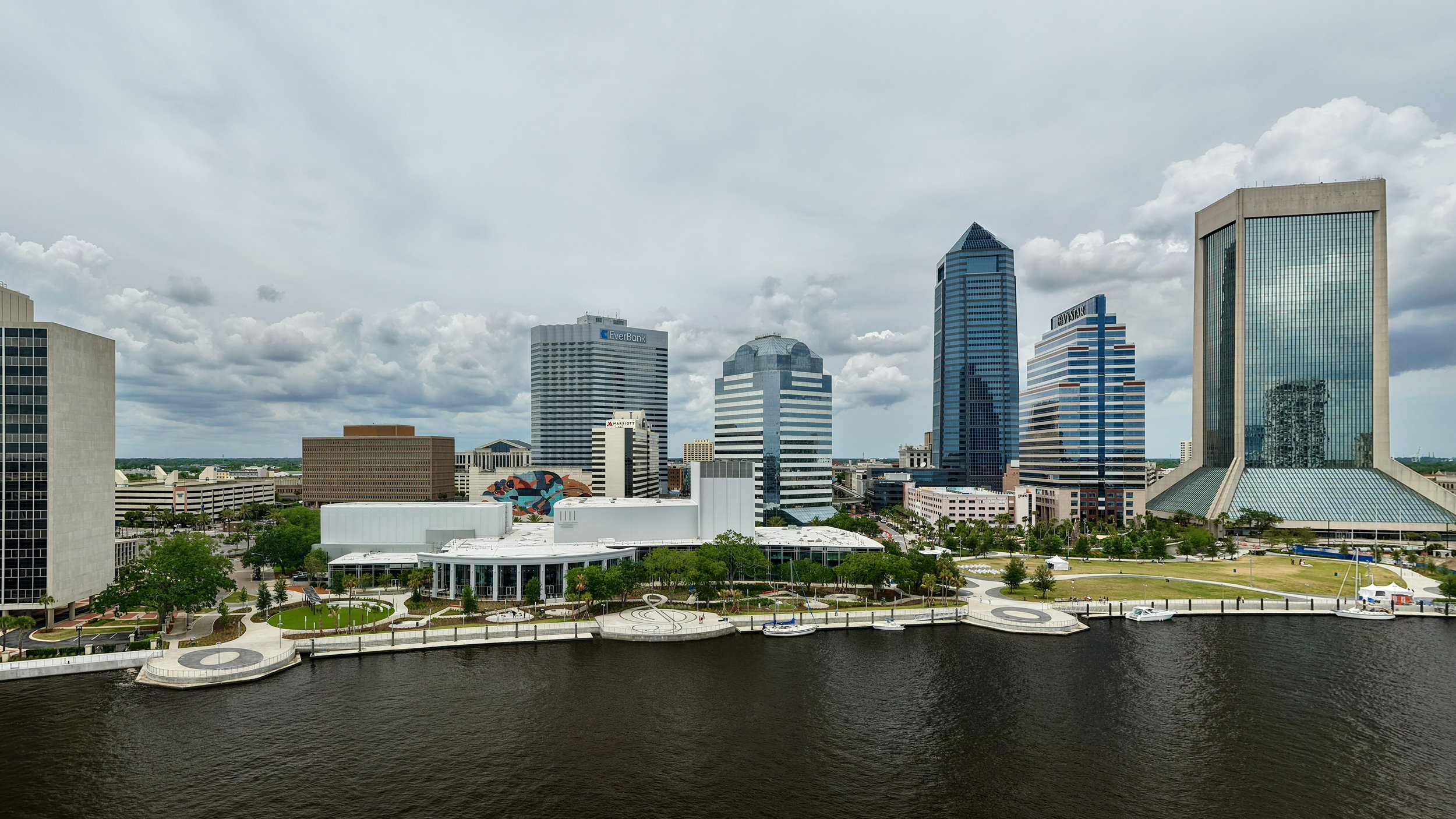 Famous city skyline with modern high-rise buildings along a waterfront, featuring cloudy skies overhead.