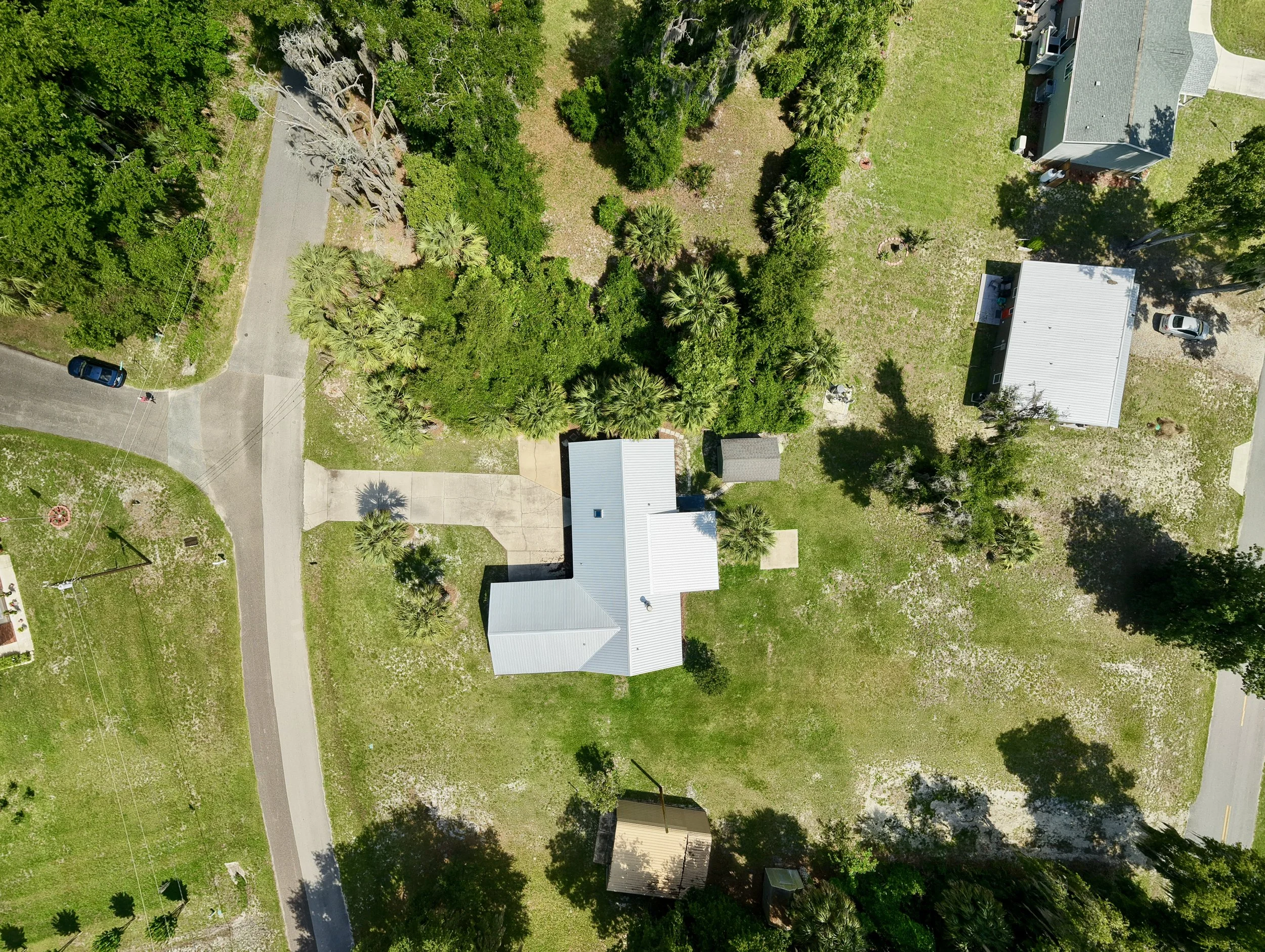 An aerial view of a residential backyard with a variety of trees and green grass, surrounded by houses, roads, and cars.