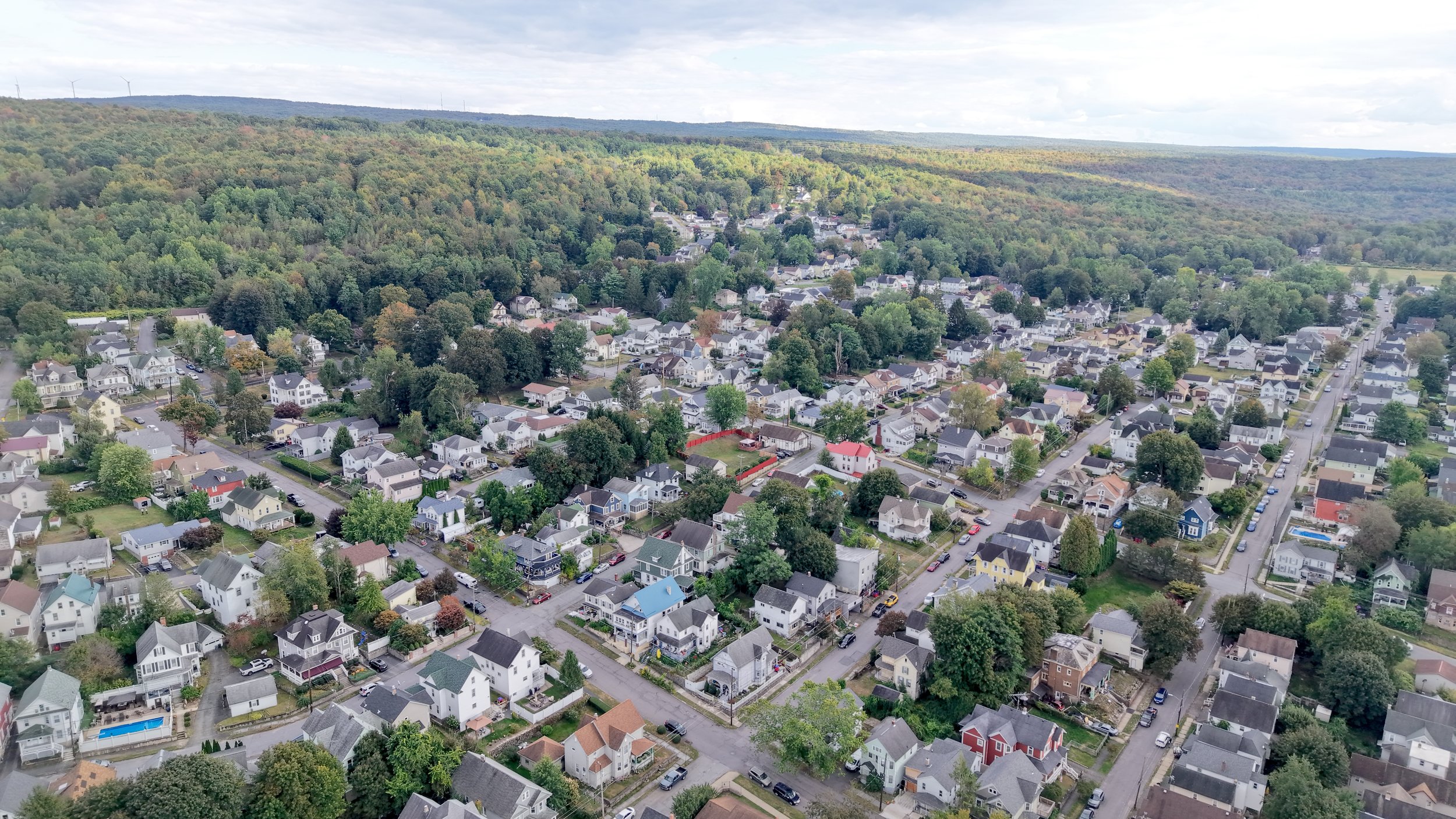 Aerial view of a residential neighborhood with numerous houses, trees, streets, and a hillside covered in forest in the background.