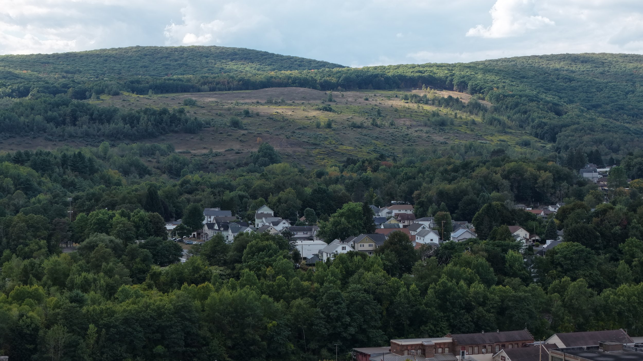 A scenic view of a small town with houses surrounded by dense green trees, set against a backdrop of rolling green hills and a partly cloudy sky.