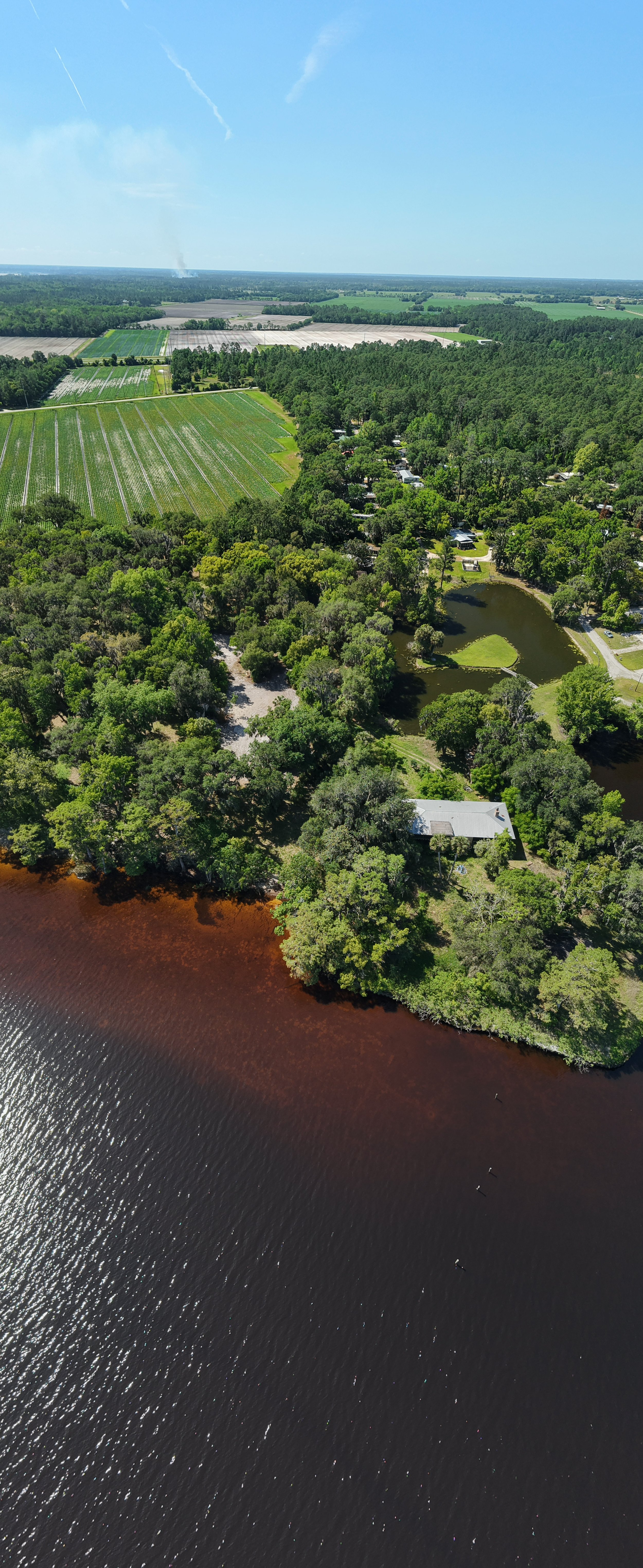 Aerial view of a landscape featuring a body of dark water at the bottom, surrounded by lush green trees, a pond, fields, and a forested area, under a bright blue sky.