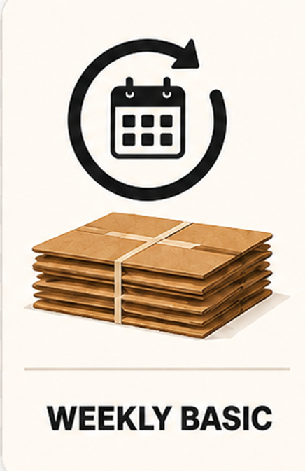 Stack of paper envelopes with a calendar icon and a circular arrow above, and the text 'Weekly Basic' below.