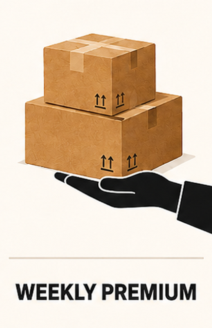 A black gloved hand holding two cardboard boxes stacked on top of each other, with the top box being smaller. The boxes are labeled with upward arrows. The image includes the text "WEEKLY PREMIUM" below the boxes.