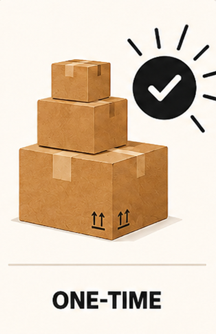 Stack of three cardboard boxes of increasing size with a checkmark inside a circle above, and the words 'ONE-TIME' at the bottom.