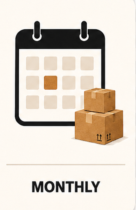 Calendar icon with a highlighted date and two stacked cardboard boxes, labeled 'Monthly'.