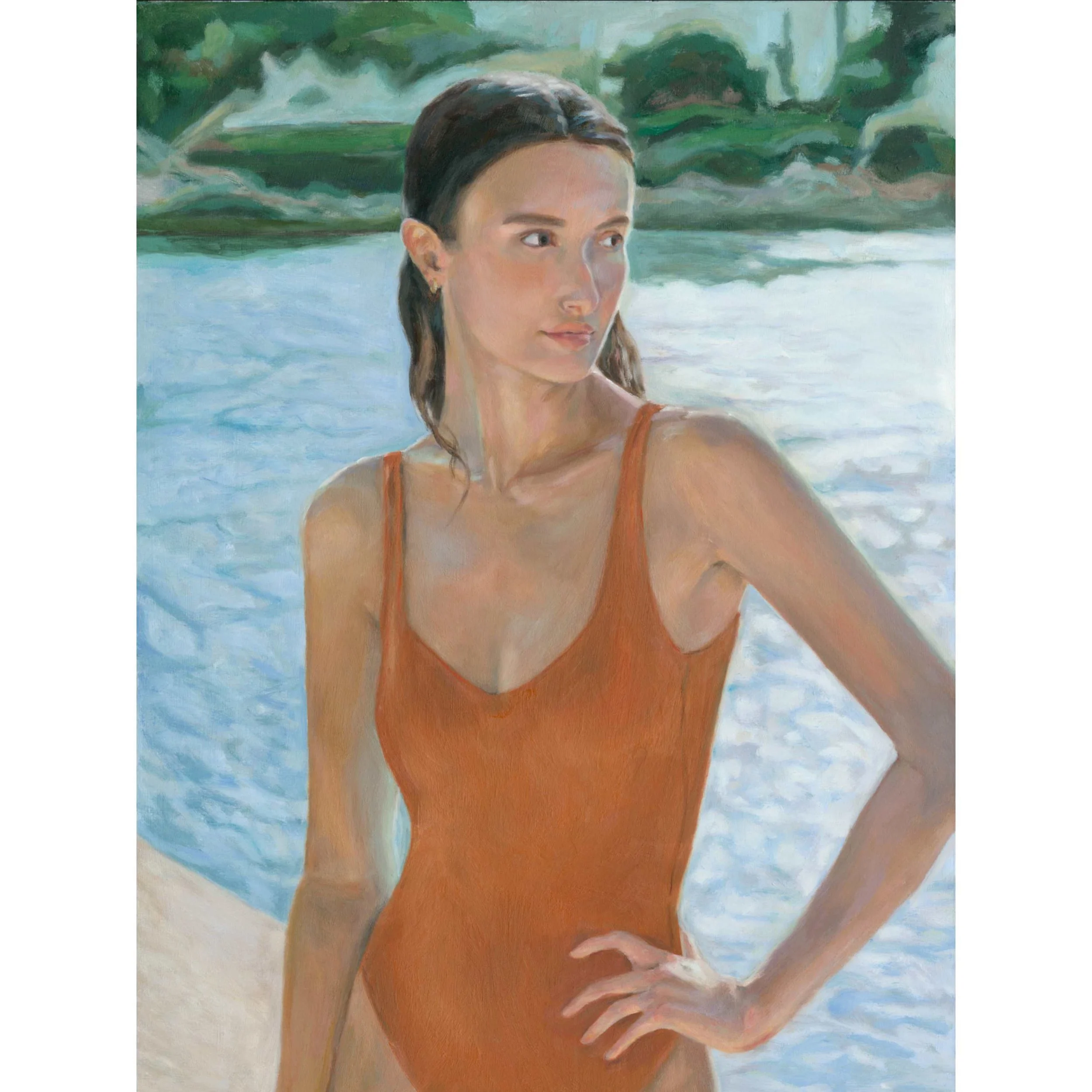 Swimmer in an Orange Suit, 2025 • Oil on Archival Canvas • 40 × 30 inches • Studio Archive