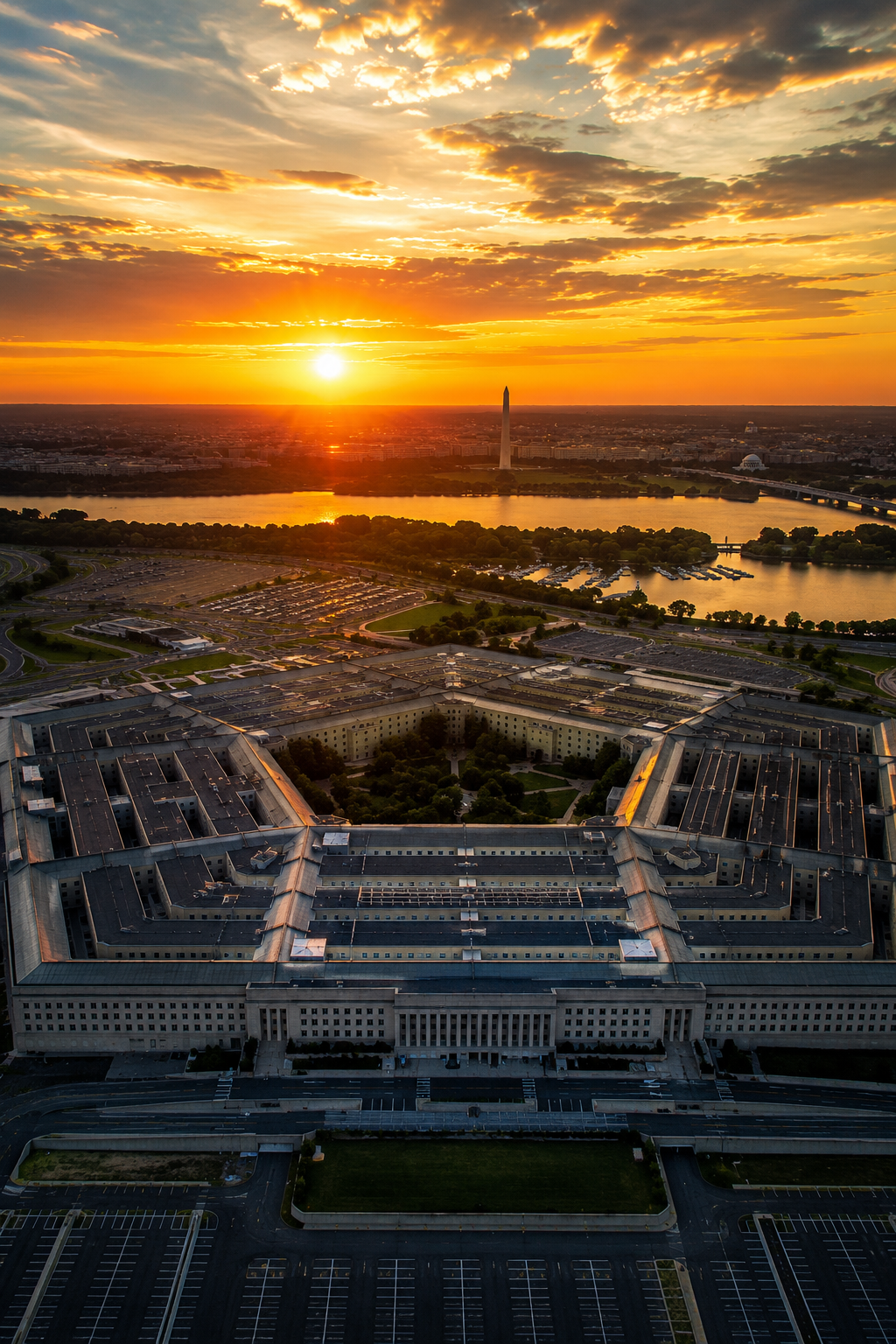 Aerial view of the Pentagon at sunrise with a river and cityscape in the background.