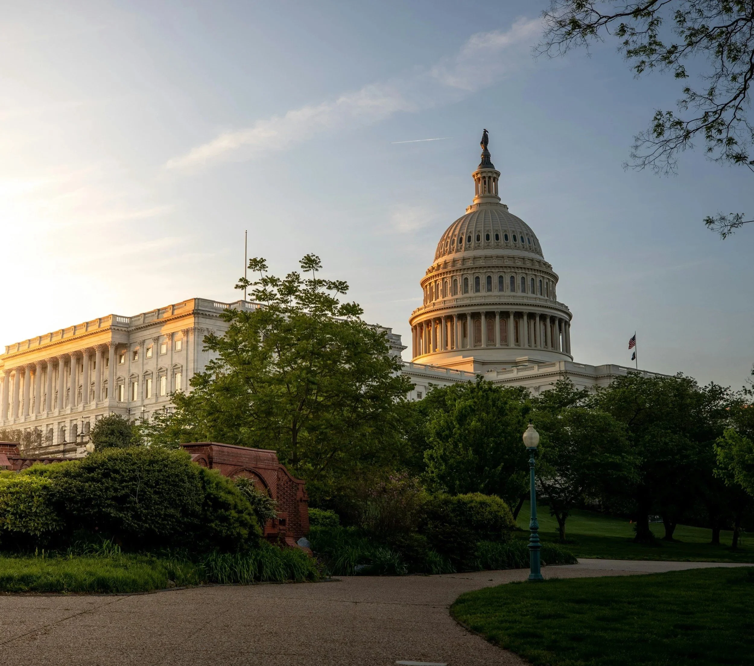 The United States Capitol building under a clear sky, surrounded by trees and a park with a pathway and a blue lamppost.