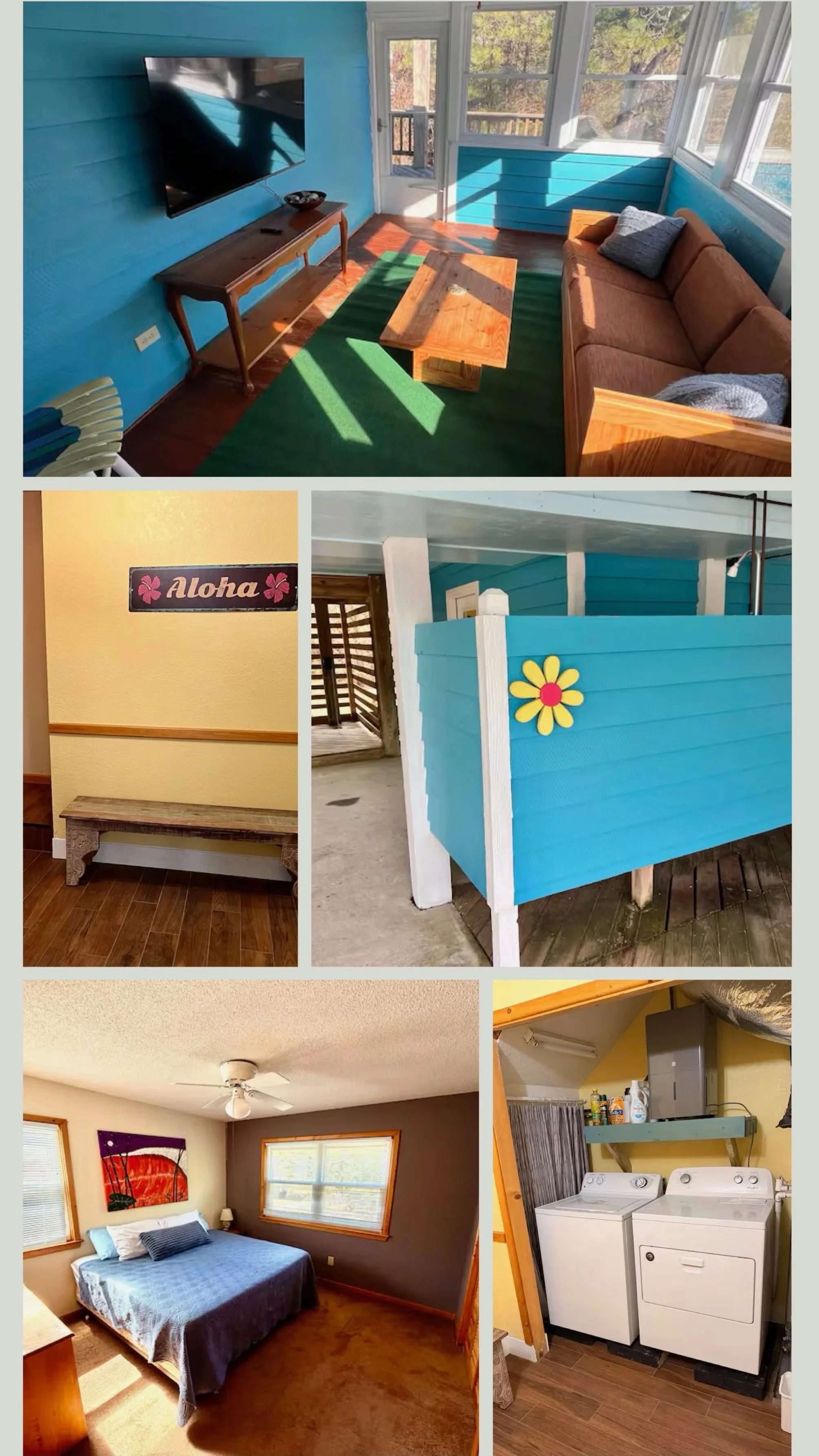 Various scenes of a house including a living room with a blue wall, TV, and couch; a decor sign that says 'Aloha' on a yellow wall; a small outdoor balcony painted in blue with a yellow and red flower decoration; a bedroom with a bed, window, and art; a laundry room with washing machine and dryer.